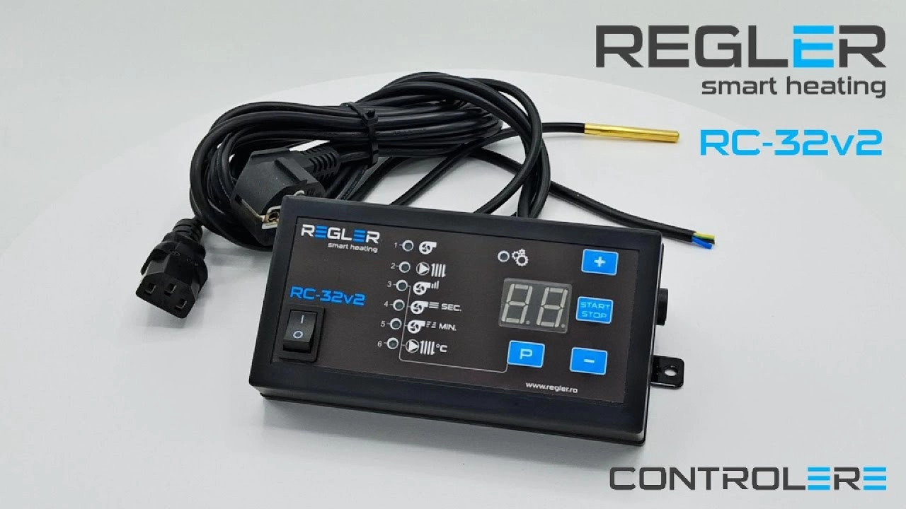 Controler centrala pe lemne Regler RC 32v2 PID, comanda pompa IC si ventilator, optional termostat de ambient si senzor gaze arse. Video 2234