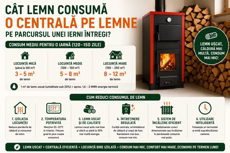Cât lemn consumă o centrală pe lemne pe parcursul unei ierni întregi și cum reduci consumul