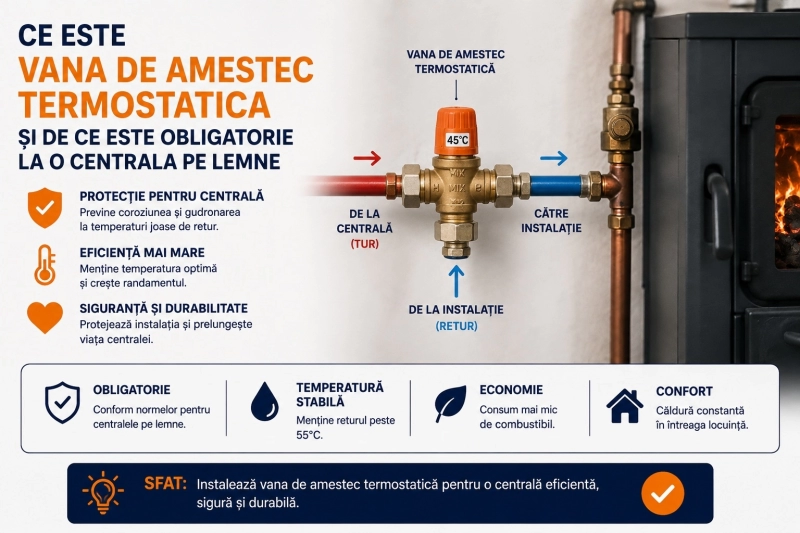 Vana anti-condens pentru centrala pe lemne: rol, alegere si montaj